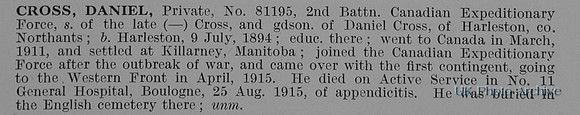 Cross D Pte 81195 2nd Canadian Expeditionary Force Obit