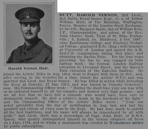 Hutt H V 2nd Lt 2nd Royal Sussex Regiment Obit