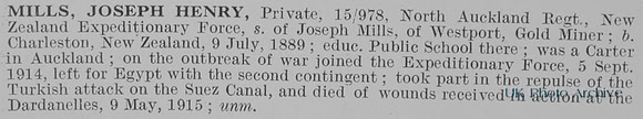 Mills J H Pte 15/978 North Auckland Regiment New Zealand Expeditionary Force Obit