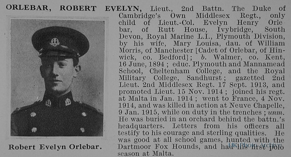 Orlebar R E Lt 2nd Middlesex Regiment Obit De Ruvignys Roll Of Honour Vol 1