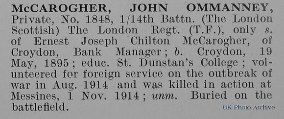 McCarogher J O Pte 1848 14th London Regiment Obit