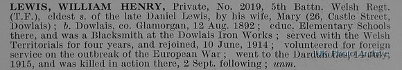 Lewis W H Pte 2019 5th Welsh Regiment Obit