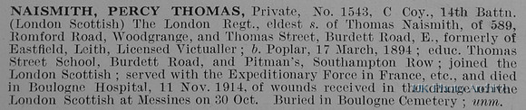 Naismith P T Pte 1543 14th London Regiment
