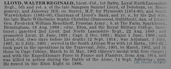Lloyd W R Lt Col 1st Loyal North Lancs Regiment Obit