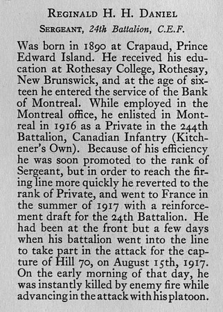 Daniel R H H Sergt 1054314 24th CEF Obit Bank Of Montreal Memorial Of The Great War
