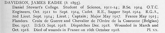 Davidson J E Major DSO Royal Garrison Artillery Obit