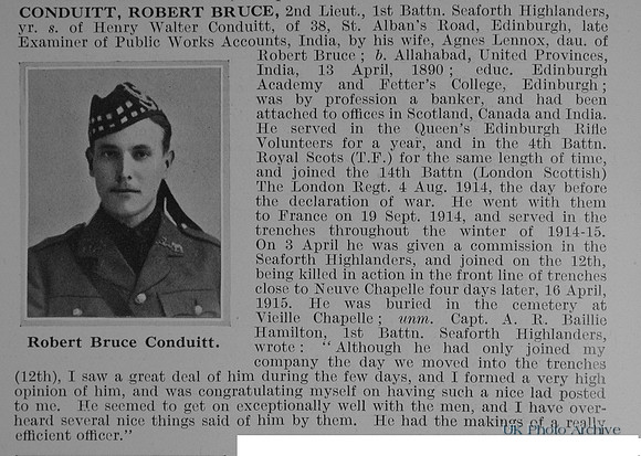 Conduitt R B 2nd Lt 1st Seaforth Highlanders Obit