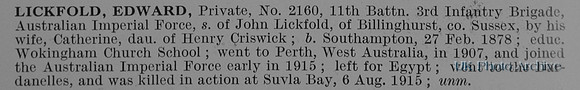 Lickfold E Pte 2160 11th Australian Imperial Force Obit