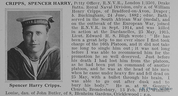 Cripps S H Petty Officer 1-3501 Drake Btn RND Royal Naval Volunteer Reserve Obit