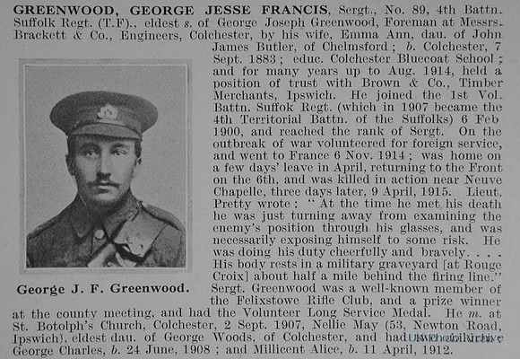 Greenwood G J F Sergt 89 4th Suffolk Regiment Obit