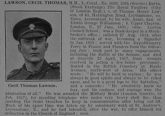 Lawson C T L/Cpl MM 10th Royal Fusiliers Obit De Ruvignys Roll Of Honour Vol 3