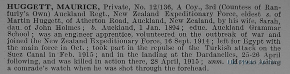 Huggett M Pte 12/136 3rd Auckland Regiment NZEF Obit