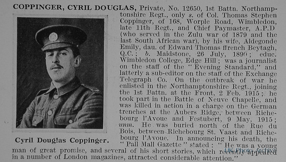 Coppinger C D Pte 12650 1st Northamptonshire Regiment Obit