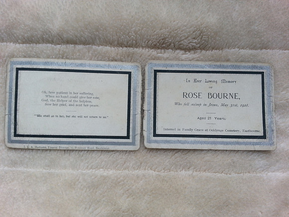 Memorial Card Rose Bourne Died 1921 Aged 21 Ocklynge Cemetery Eastbourne