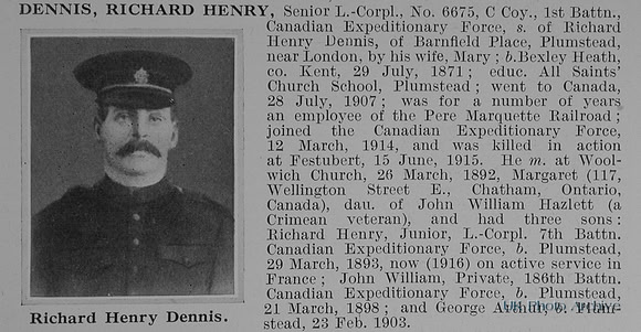 Dennis R H LCpl 6675 1st Canadian Expeditionary Force Obit