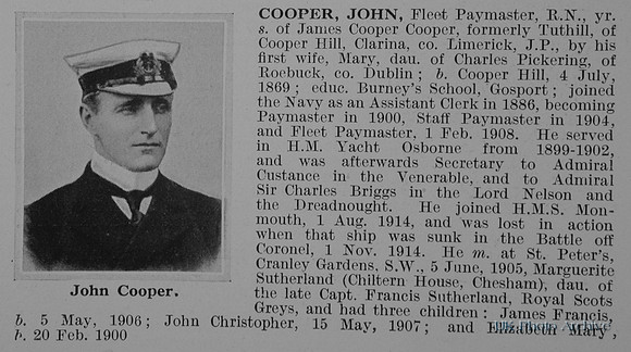 Cooper J Fleet Paymaster HMS Monmouth Royal Navy Obit