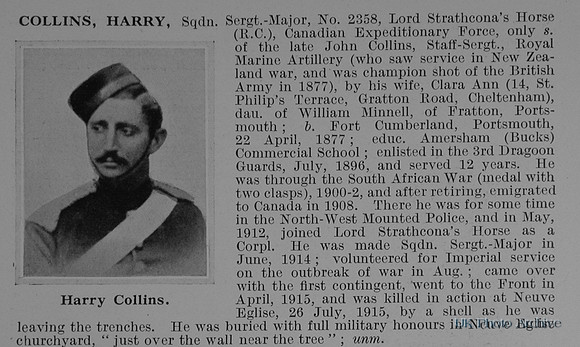 Collins H Sqdn Sergt Maj 2358 Lord Strathconas Horse CEF Obit