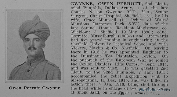 Gwynne O P 2nd Lt Indian Army Obit