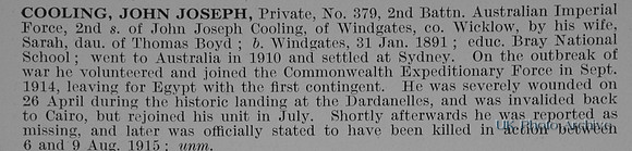 Cooling J J Pte 379 2nd Australian Imperial Force Obit