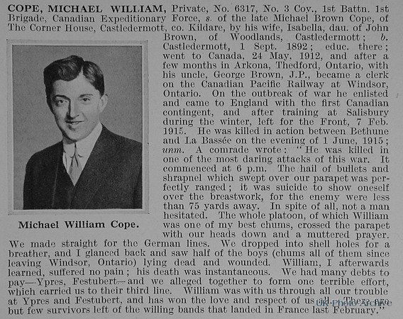 Cope M W Pte 6317 1st Canadian Expeditionary Force Obit