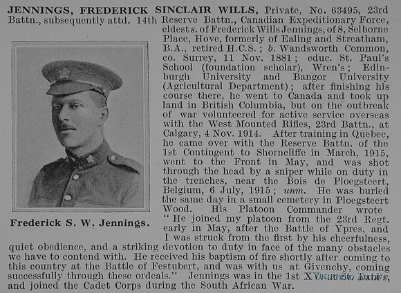 Jennings F S W Pte 63495 23rd Attd 14th Canadian Expeditionary Force Obit