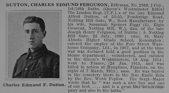 Dutton C E F Rfn 2366 16th London Regiment Obit