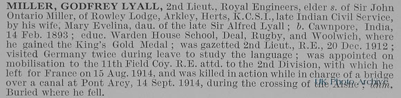 Miller G L 2nd Lt Royal Engineers Obit