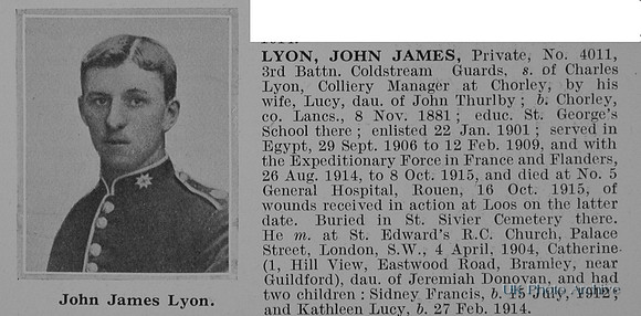 Lyon J J Pte 4011 3rd Coldstream Guards Obit