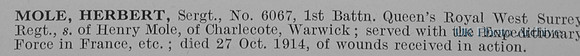 Mole H Sergt 6067 1st Queens Royal West Surrey Regiment Obit