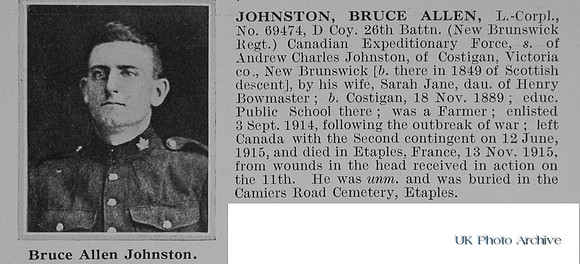 Johnston B A L/Cpl 69474 26th Canadian Expeditionary Force Obit