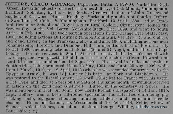 Jeffery C G Captain 2nd Yorkshire Regiment Obit