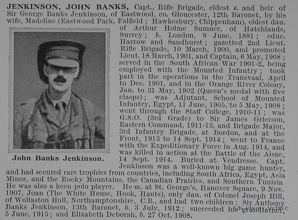 Jenkinson J B Captain Rifle Brigade Obit