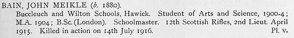 Bain J M 2nd Lt 12th Cameronians Obit