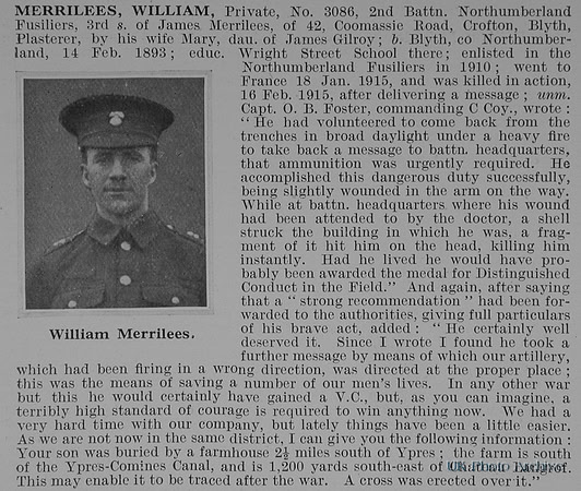 Merrilees W Pte 3086 2nd Northumberland Fusiliers Obit De Ruvignys Roll Of Honour Vol 1