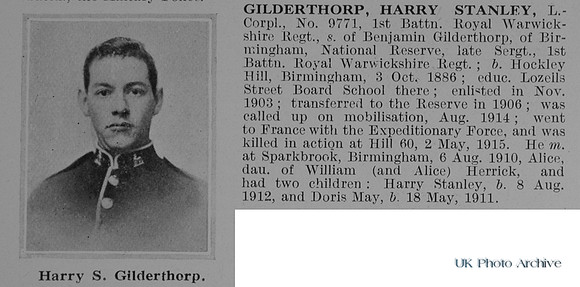 Gilderthorp H S LCpl 9771 1st Royal Warwickshire Regiment Obit