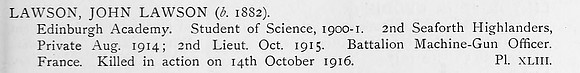 Lawson J L 2nd Lt 2nd Seaforth Highlanders Obit