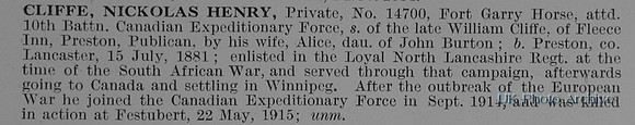 Cliffe N H Pte 14700 Fort Garry Horse Attd 10th Canadian Expeditionary Force Obit