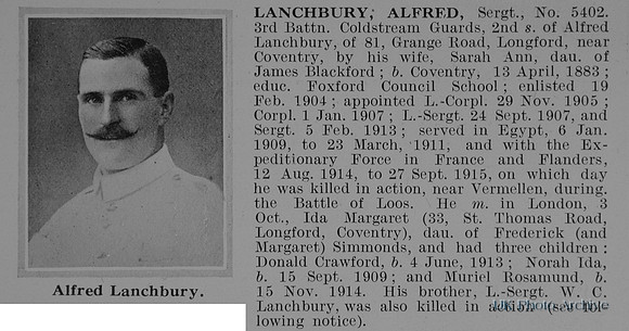 Lanchbury A Sergt 5402 3rd Coldstream Guards Obit