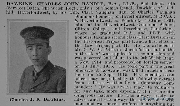 Dawkins C J R 2nd Lt 9th Welsh Regiment Obit Part 1