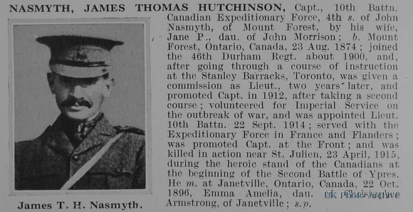 Nasmyth J T H Captain 10th Canadian Expeditionary Force Obit