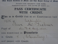 Framed Pianoforte Certificate Pass With Credit 1938 Olive M Tickner