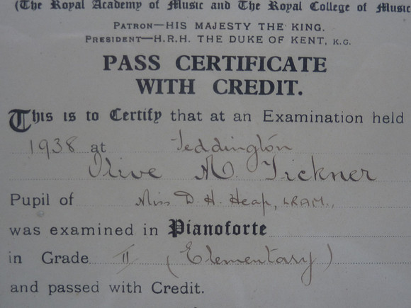 Framed Pianoforte Certificate Pass With Credit 1938 Olive M Tickner