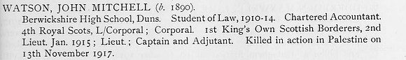 Watson J M Captain 1st Kings Own Scottish Borderers Obit