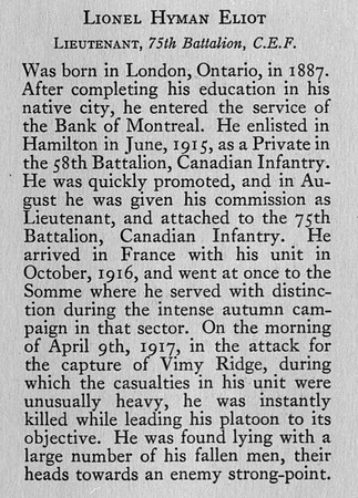 Eliot L H Lt 75th CEF Obit Bank Of Montreal Memorial Of The Great War