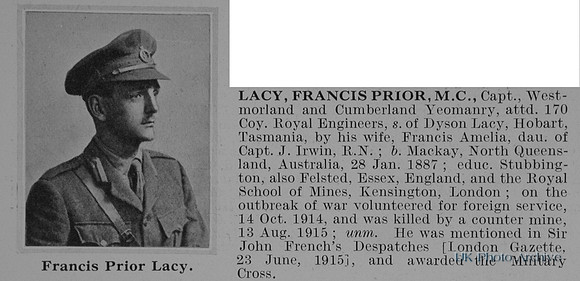 Lacy F P Captain MC Westmorland And Cumberland Yeomanry Attd Royal Engineers Obit