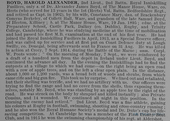 Boyd H A 2nd Lt 2nd Royal Inniskilling Fusiliers Obit