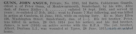 Gunn J A Pte 3781 3rd Coldstream Guards Obit