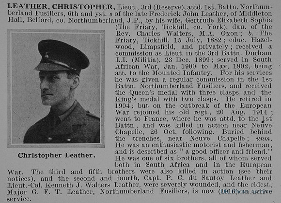 Leather C Lt 1st Northumberland Fusiliers Obit