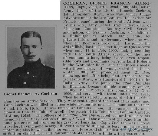 Cochran L F A Captain Indian Army Obit