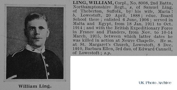 Ling W Cpl 8008 2nd Northamptonshire Regiment Obit